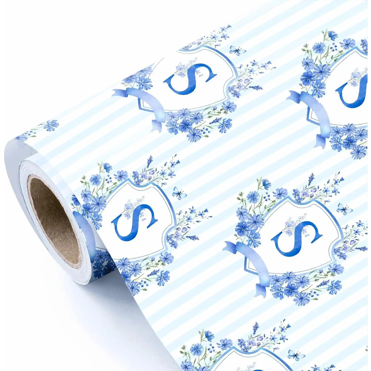 Blue Monogram Wrapping Paper Mini Roll - 17x16.5", Modern Watercolor Blue Floral Letter S Stripe Design - Office Stationery Gift Wrapping for Key Occasions