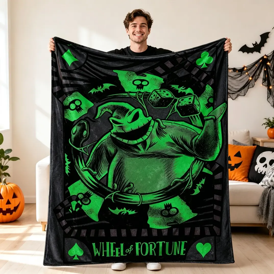 Nightmare Before Christmas Themed Flannel Throw Blanket, Wheel of Fortune Design Soft Lightweight Fleece Blanket, Cozy Nap Blanket for Couch Bed Travel, Halloween Christmas Decor Blanket, Multi-Use Polyester Throw for Adults & Kids Gift