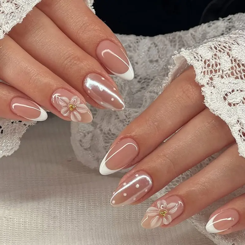 30pcs Long Almond Shape Fake Nails, False Nails, Polka Dots, 3D Clear Flowers, French Style, Reusable, Beginner Friendly, Includes Glue and File, Nail Art Supplies, Nail Art Products