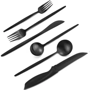 48 count Matte Black Silverware Set with Steak ,Satin Finish tableware Cutlery Set,Black Flatware Set for  and Restaurant, Spoon And Fork Sets for ervice for 8