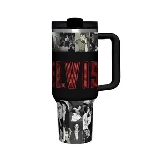 1 x 20 oz Travel Mug with Elvis Collage Design, Dual-Sided Printing, Black Body with Red Lettering and Black-and-White Photos, Stainless Steel Lid and Handle.