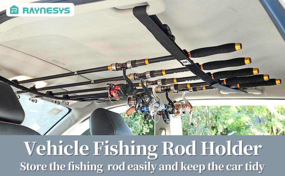 MOKO Vehicle Fishing Rod Holder, Car Fishing Pole Roof Rack Inside, 5 Rod Capacity, Heavy Duty Adjustable 30-54 Inch, Fishing Rod Carrier Fishing Pole Storage Straps for Truck Car SUV Wagons Van