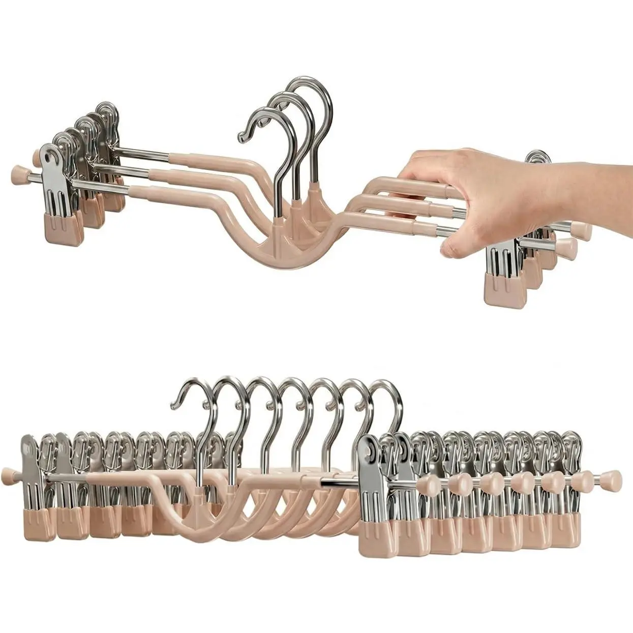 Space Saving Pants Hangers with Clips for Skirts, 10 Pack | Heavy Duty Short- Skirt Hangers for Closet Organization, Adjustable Non-Slip Trace-Free Rubber Clips for Jeans & Slacks