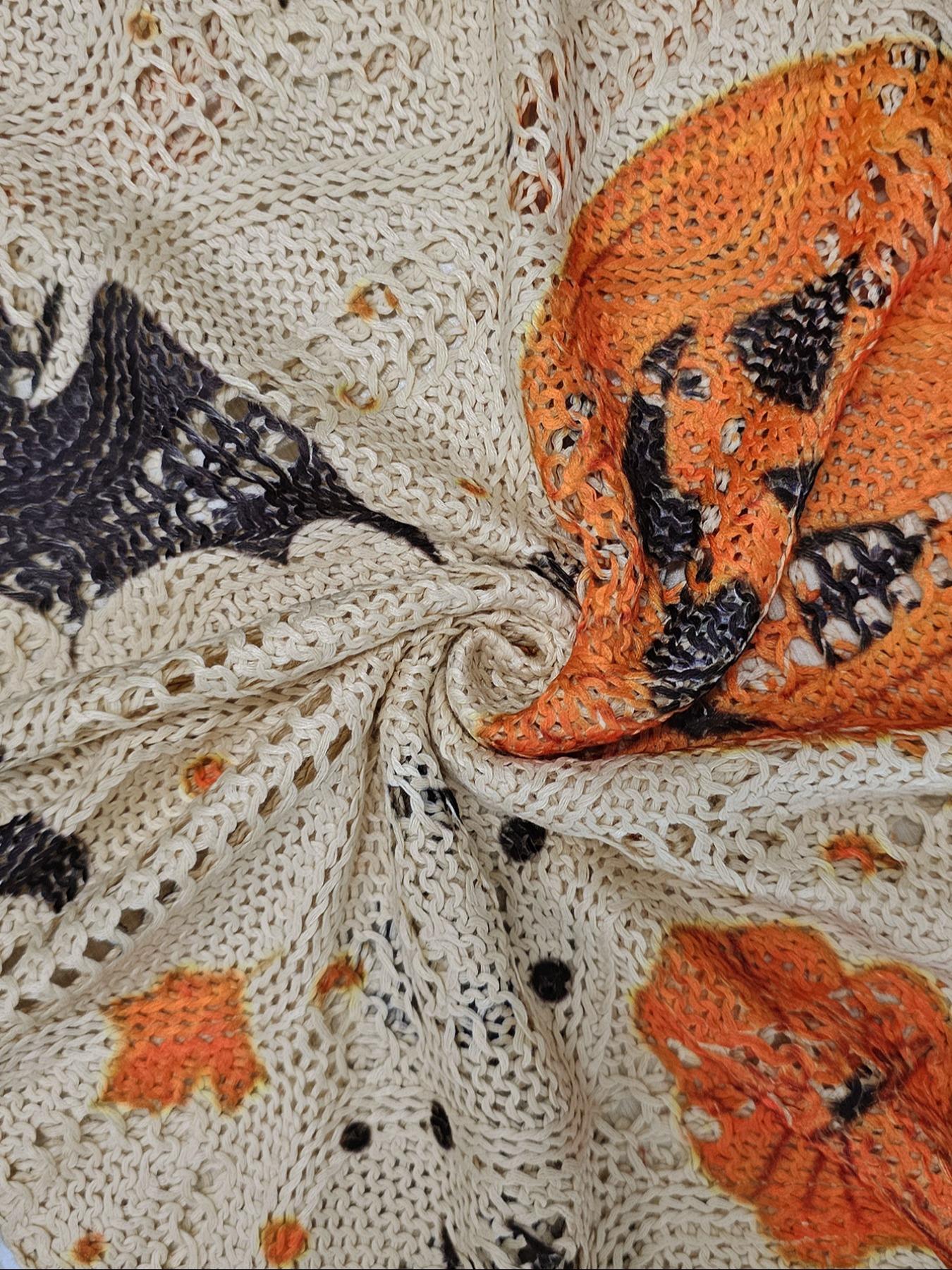 Women's Halloween Pumpkin Print Long Sleeve Knit Top, Casual Elegant Flowy Vacation Style, Loose Fit Batwing Shoulder, Spring Summer Fall Wear