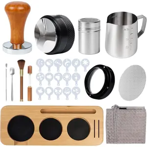 28PCS Espresso Accessories Kit,51mm Espresso Tamper Tools,Includes Wood Station,Distributor,Stirrer,Dosing Funnel,Brush,Puck Screen,Frothing Pitcher,Latte Pen,Powder Ring,Towel,Decorative Stencils