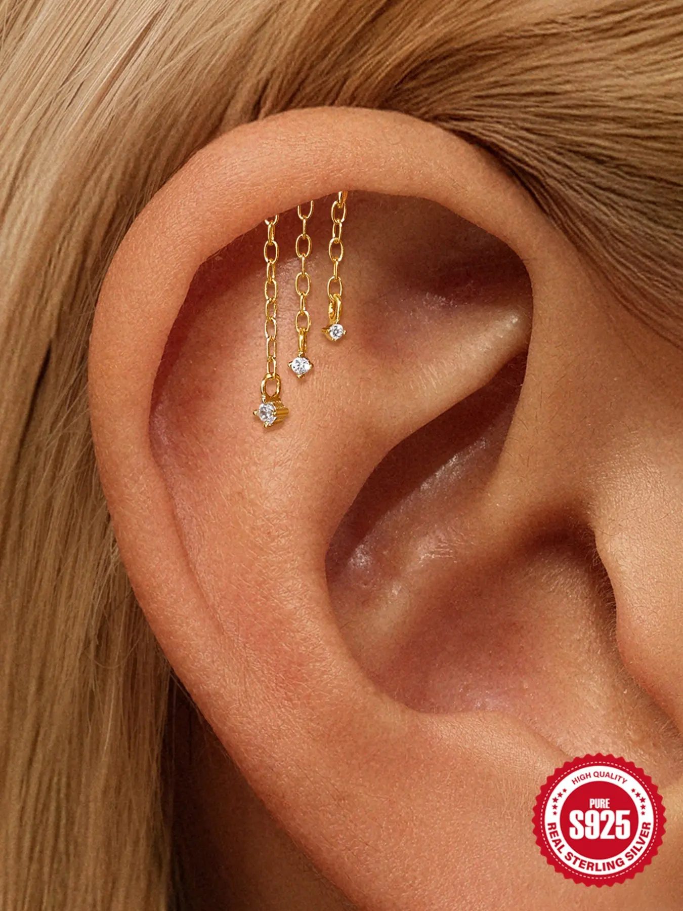 1Pc S925 Sterling Silver Gold Plated Flat Back Stud Earring, Shining Earrings, Non-Tarnish Hypoallergenic Y2K Bling Rhinestone Accessories, CZ Cascade Chain Dangle Cartilage Helix Piercing Bridal Wedding Party Jewelry Trendy Gift for Her