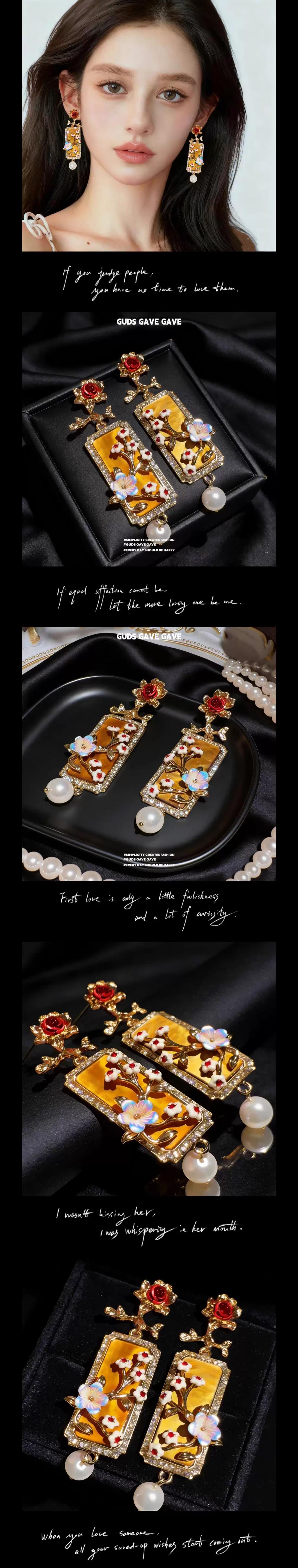 GUDS GAVE Vintage Chinese Palace Style Relief Flower Square Earrings | Exaggerated Heavy Duty Enamel Earrings