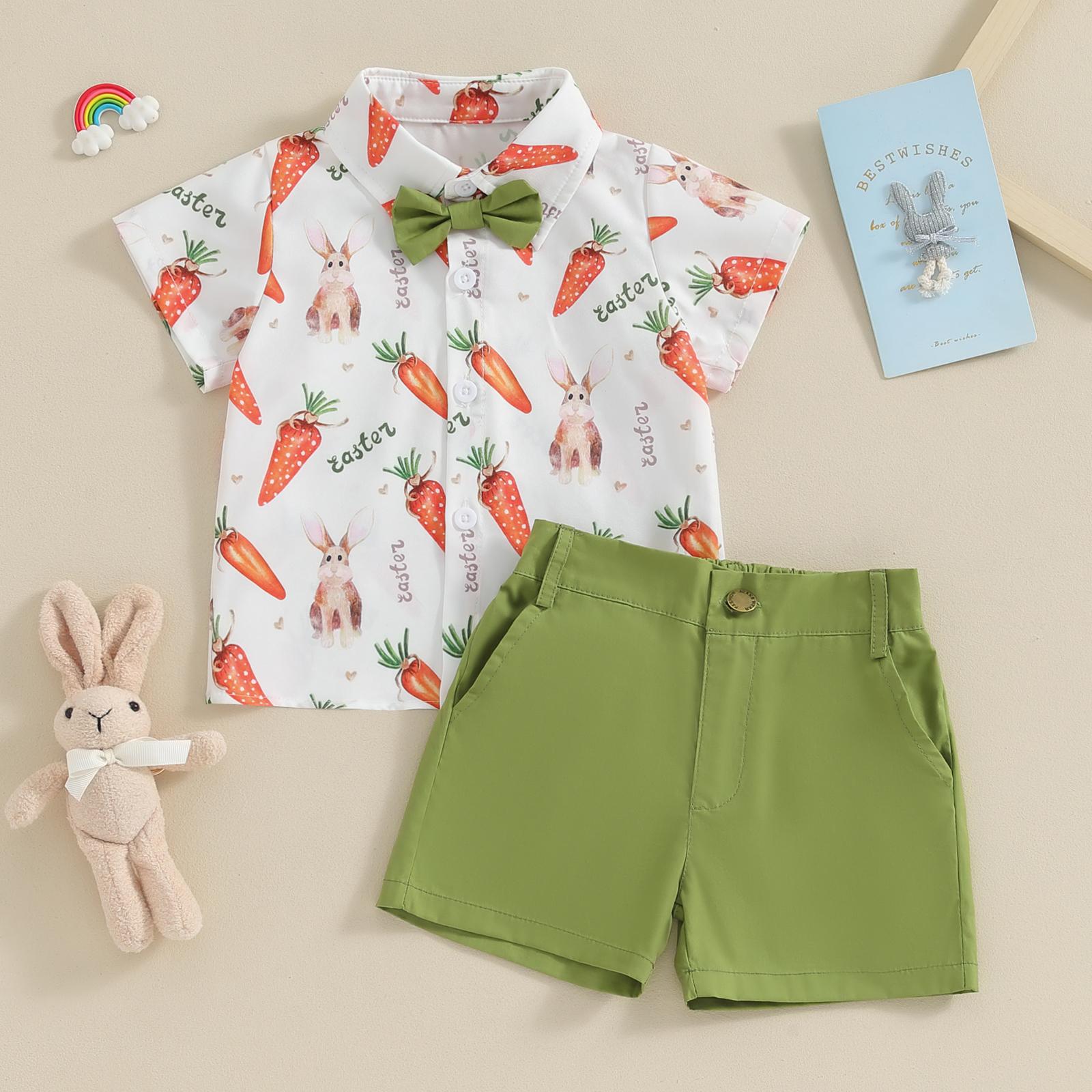 Babamoon Toddler Baby Boy Easter Outfits Carrot Rabbit Print Short Sleeve Button Down Shirt Top Solid Shorts Set Summer  2Pcs Clothes