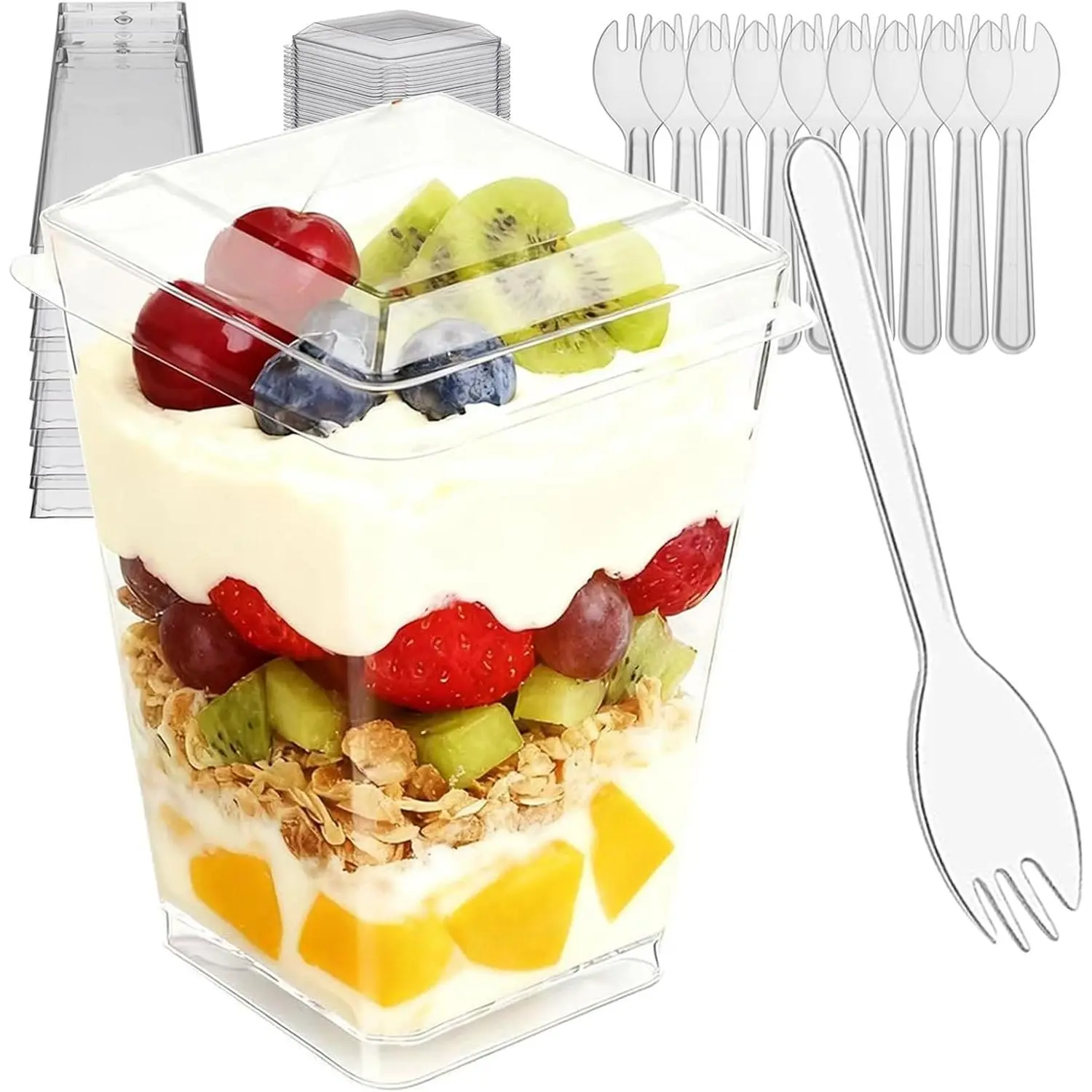 300 Pack 100 Set Clear Dessert Cups with Lids and Spoons, 5.4oz Mini Dessert Cups Reusable Square Parfait Cup for Party Appertizer, Christmas