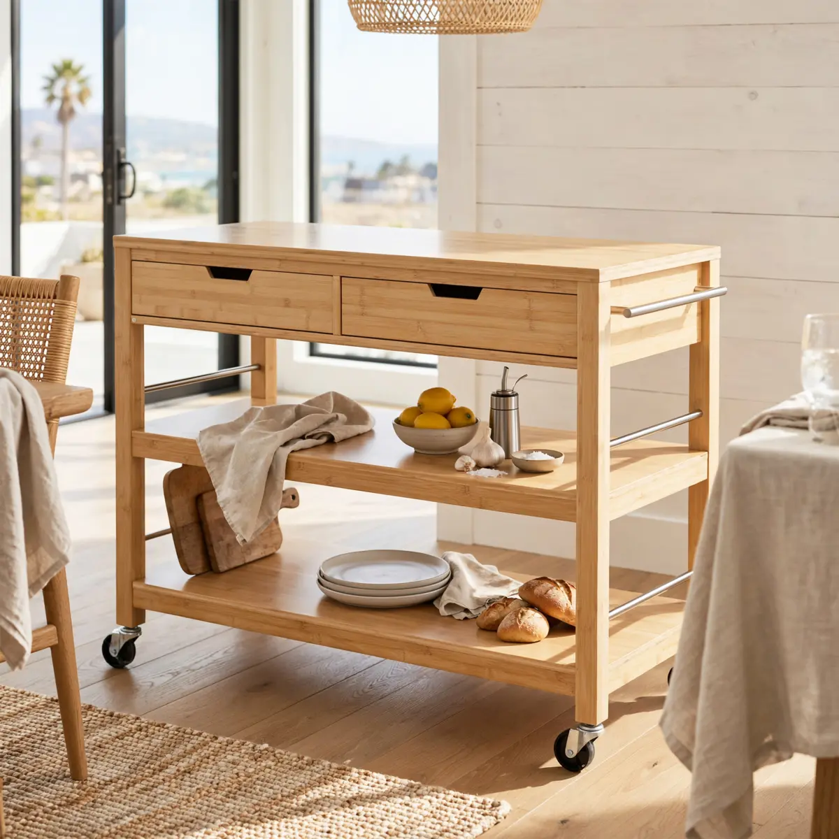 AobtkelChristopher Knight Home® Indoor Multifunctional Natural Bamboo Bar Cart with Locking Wheels, Drawers, and Open Shelves - Ideal for Kitchen, Dining, and Entertaining