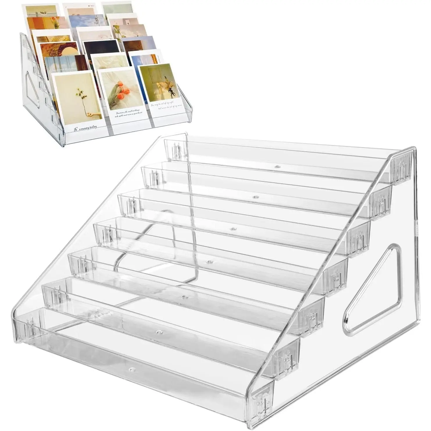 2 Pack 7-Tier Acrylic Card Display Stand, Versatile Sticker Display Rack Holder for Greeting Card Business Brochure Postcard Portable Card Display Shelf for Vendors Craft Trade Shows
