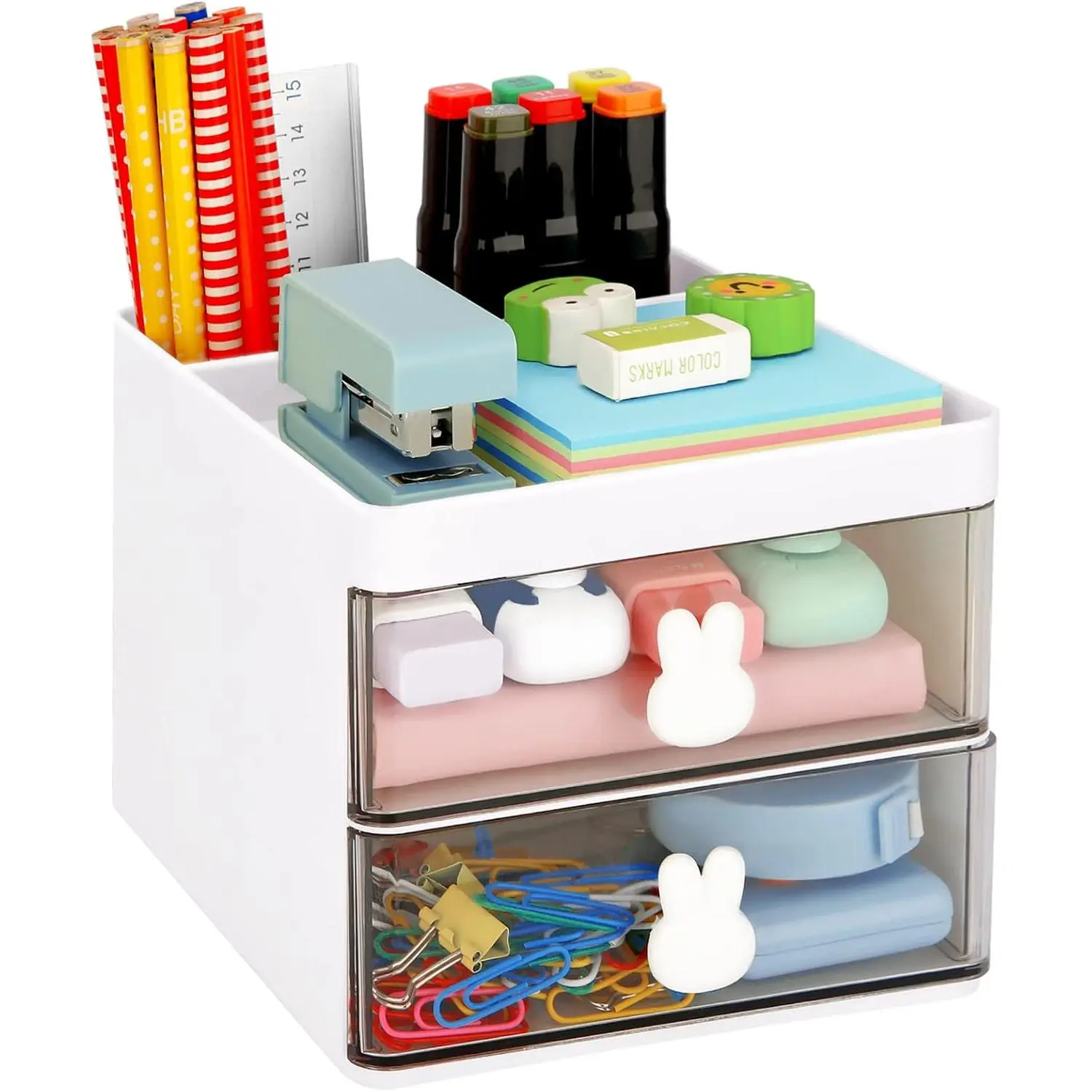Small Desk Organizer With Drawer, Office Desktop Storage Box, Business Card/Pen/Pencil/Mobile Phone/Stationery Holder Storage Box, Makeup Organizer for Office School  (White)