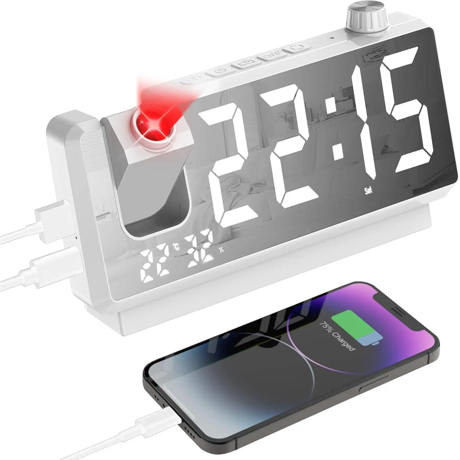 Projection Alarm Clock for Bedroom, Clock with 180° Projector, 7" Large LED Display, Dual Alarms, Temperature&Humidity Display, Dual USB Port, 12/24H, Snooze, for Sleepers, White