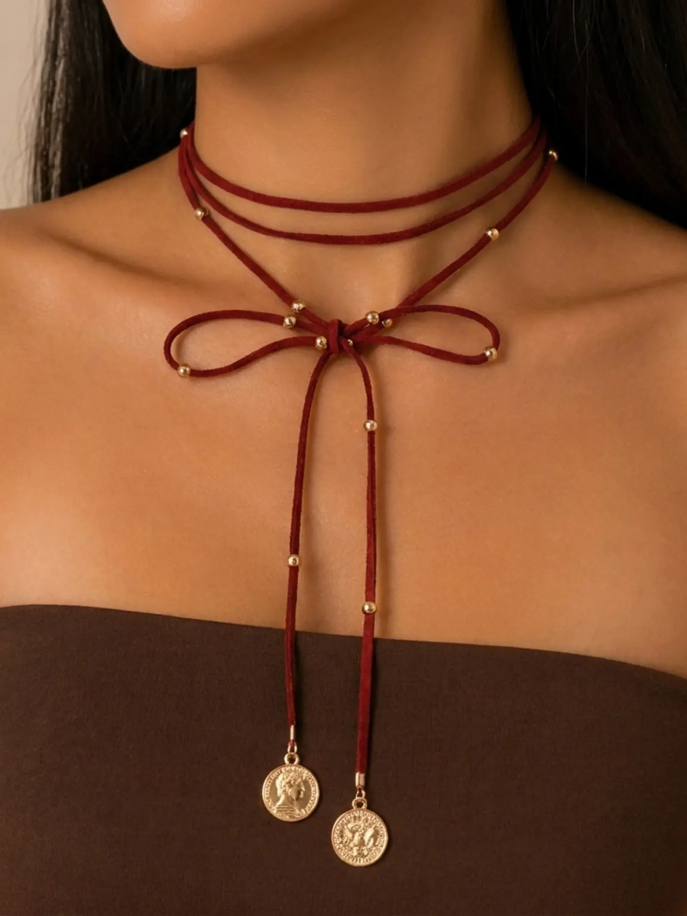 Burgundy Multi Layer Suede Choker Necklace Bow Tie Adjustable Lariat Coin Pendant Golden Bead Soft Velvet Neck Collar Vintage Gothic Women Jewelry Dainty Choker Necklace