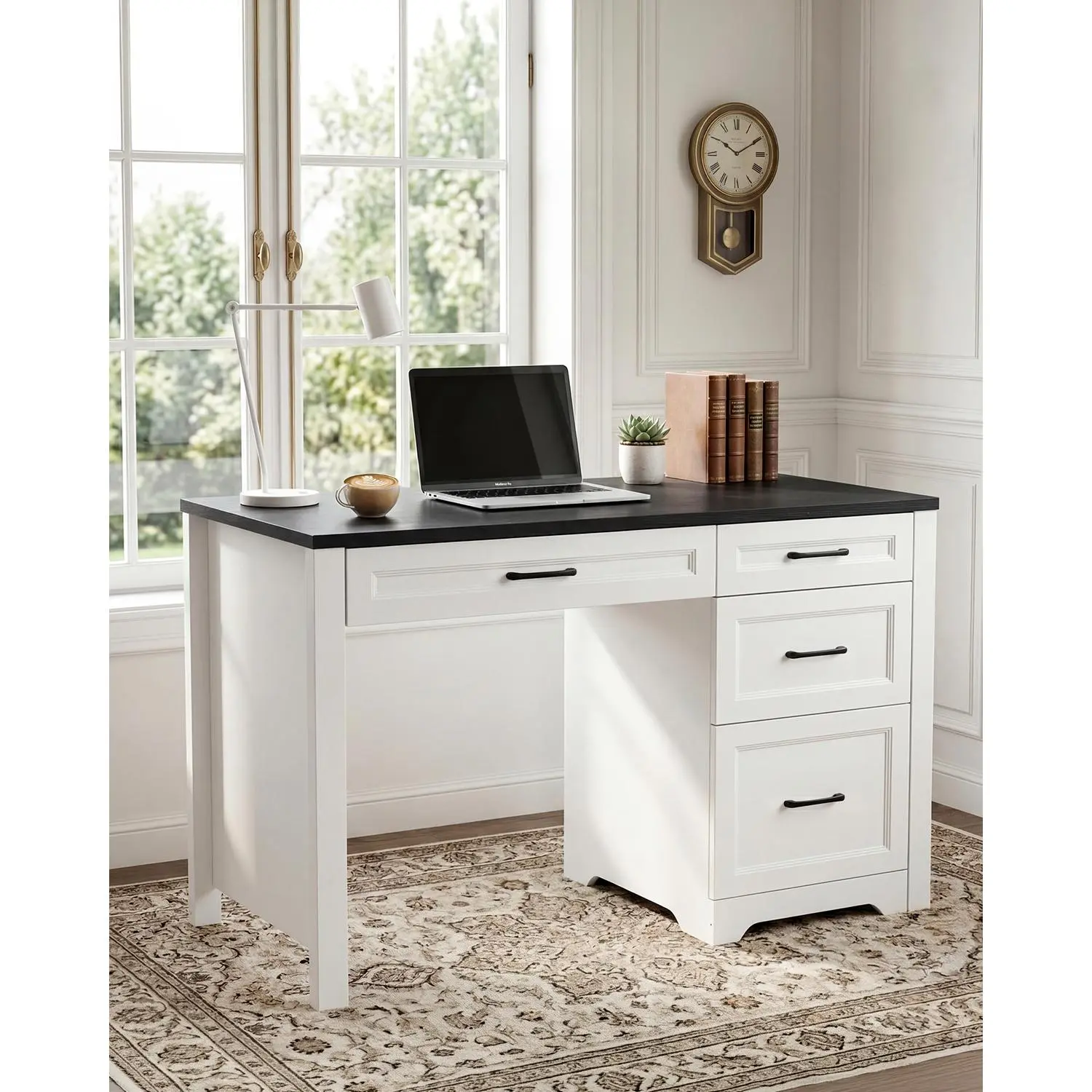 Space-Saving Executive Office Desk with File Cabinet and Storage Drawers – Compact Writing Table for Bedroom or Home Office