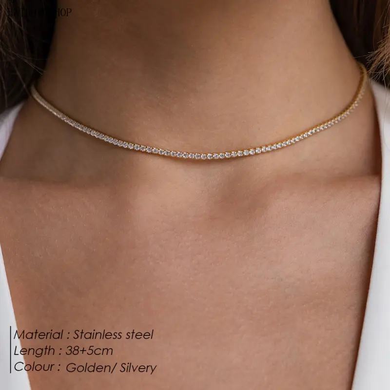 Gold & Silver Plated Hypoallergenic Icy Tennis Necklace for Women, Sparkling Fashion Neck Jewelry for Daily Wear & Party Occasions