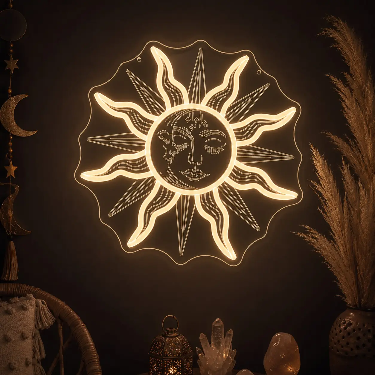 1 Pack Celestial Sun Face LED Neon Sign, Ambient Decor Lighting, Boho Warm White Neon Light with Engraved Starburst Acrylic Backboard, USB Powered Dimmable Wall Decor for Bedroom, Dorm, Living Room, Yoga Studio, Meditation Space, Cafe, Party, Home & Gifts