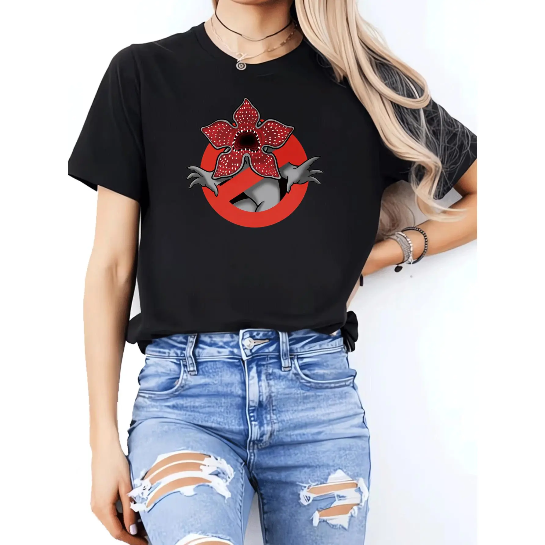 Women's Fitted Graphic Tee, Retro Stranger Things & Ghostbusters Crossover Cartoon Print, Soft Cotton Blend Top for Casual Streetwear, Graphic Print, Geometric, Christmas, Machine Wash, Basics, Crew Neck