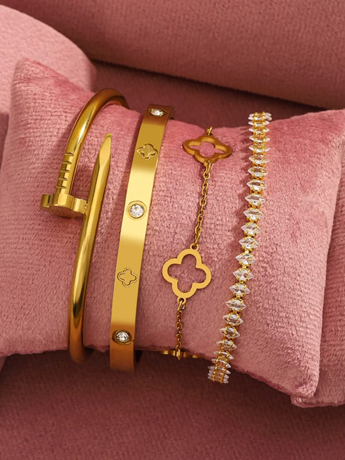 4pcs Set Luxury Clover Cubic Zirconia Bracelet Bangle Stackable Set for Women, Elegant Jewelry Bracelet, Birthday Gift, Back-To-School Gift, Daily Wear, Layered Bracelet Set