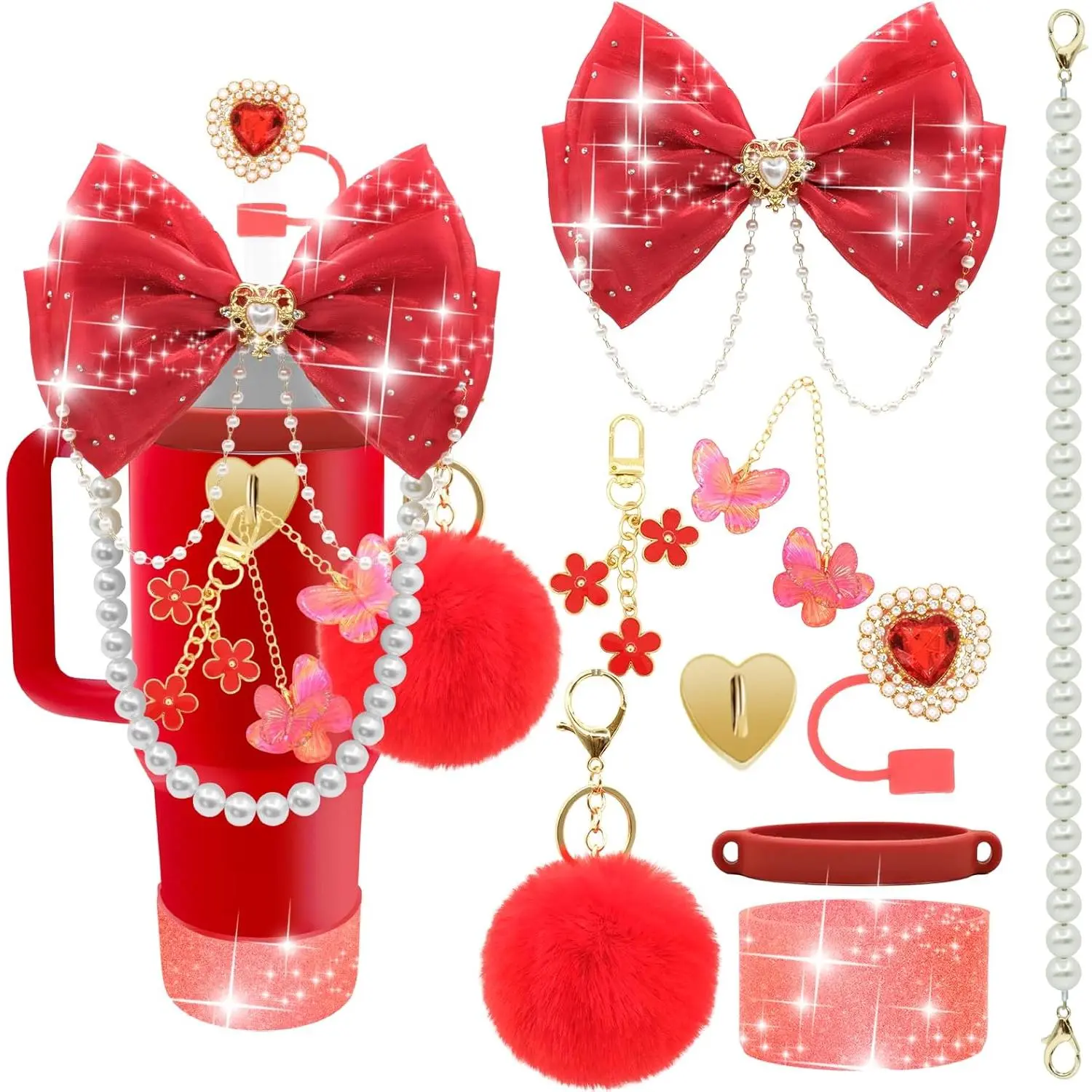 Bling Stanley Cup Accessories for 40/30/20 oz Tumbler with Handle Including Glitter Bow Straw Topper, Heart Straw Cover, Water Bottle Handle Strap, Boot, Pom-Pom, Keychain Charms(Red)