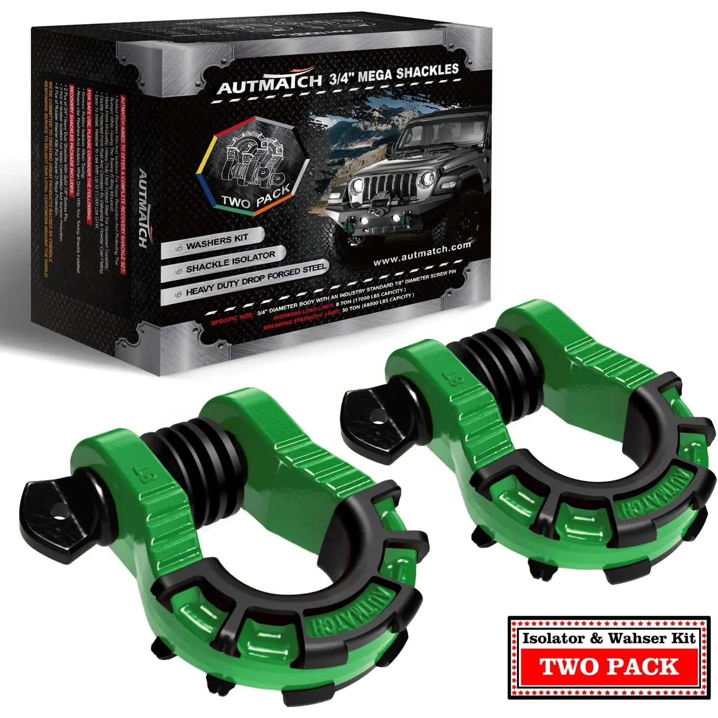 3/4"  D Ring Shackles (2-Pack) - 68,000 lbs Break Strength | Clevis Shackle with 7/8" Pin & Isolator Washer Kit for Tow Strap, Winch, Towing & Off-Road  , Dark Green