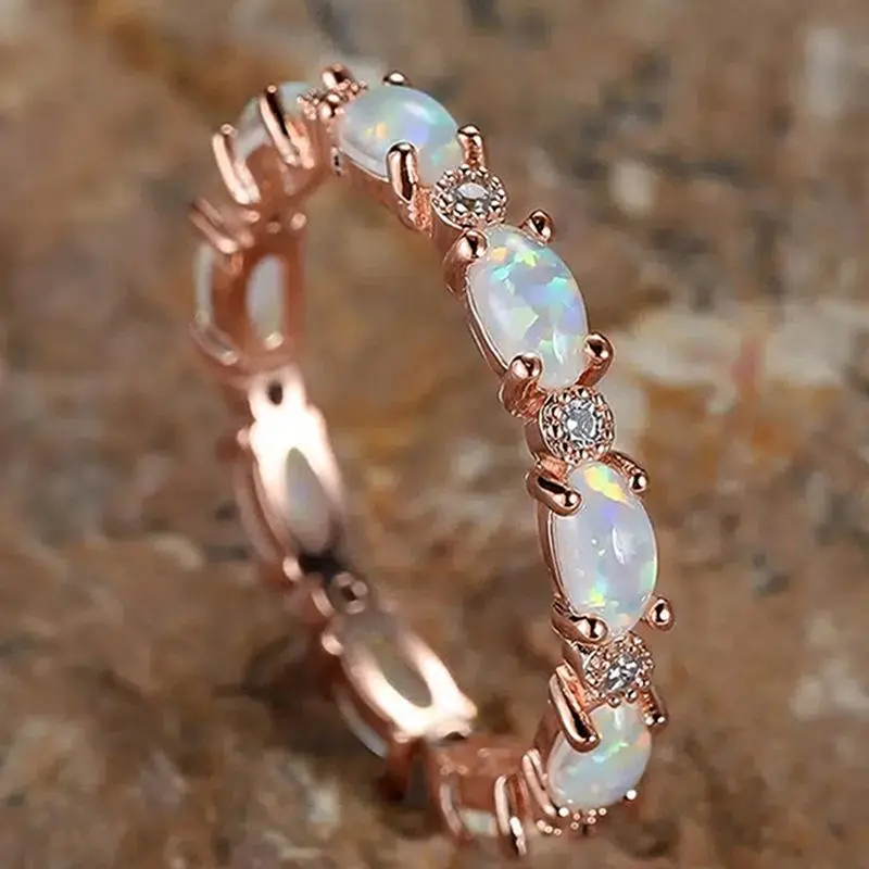 Oval Cut Eternity Ring with Inlaid Opal Accents, Engagement/Wedding Jewelry for Women, Anniversary Gift