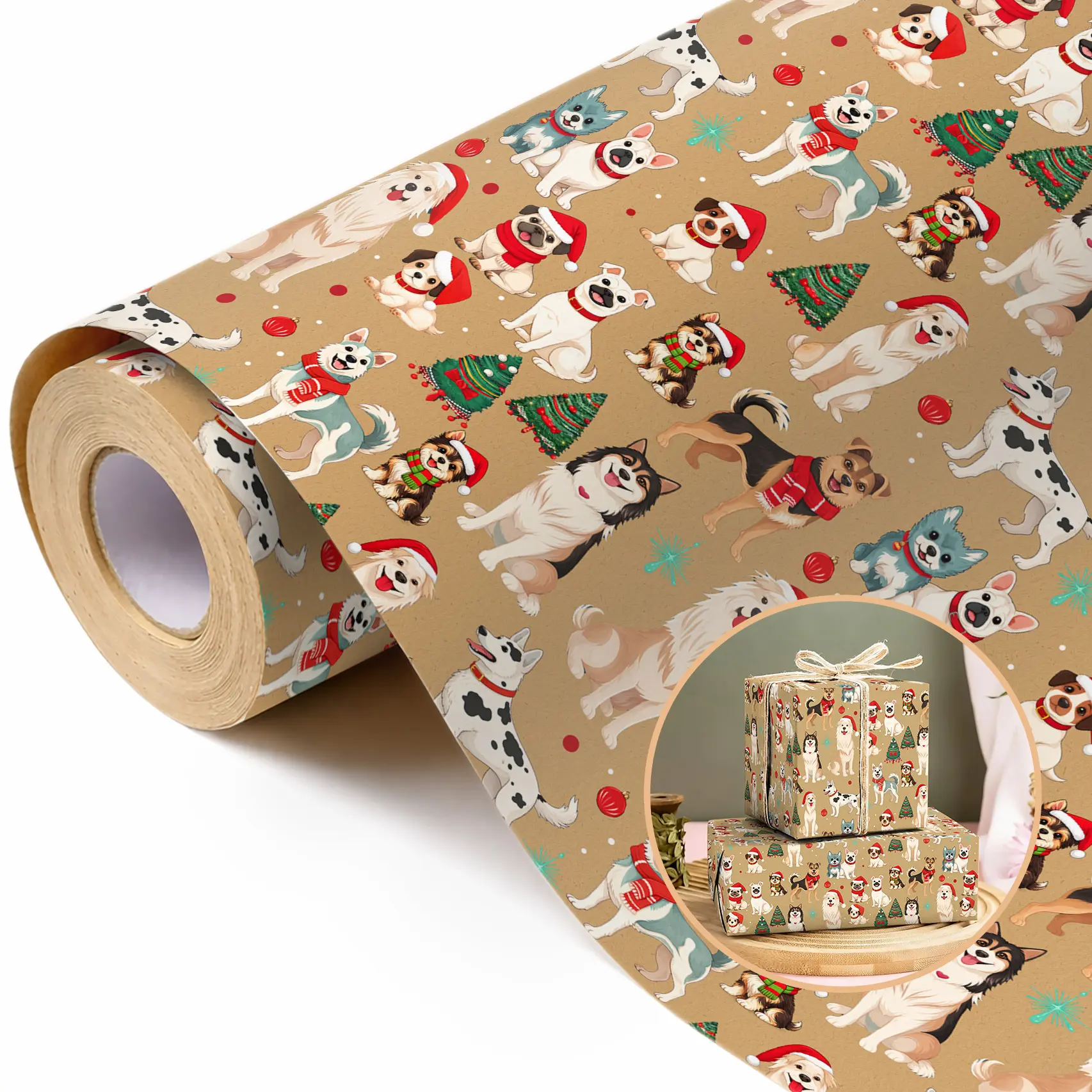 16FT Kraft Christmas Wrapping Paper Roll, Cute Dog Xmas Gift Wrap, Vintage Brown Paper with Santa Hat Puppy, Christmas Tree & Ornament Design, Eco-Friendly Recyclable Decorative Paper for Holiday Pet Lover Gift Packaging, DIY Crafts
