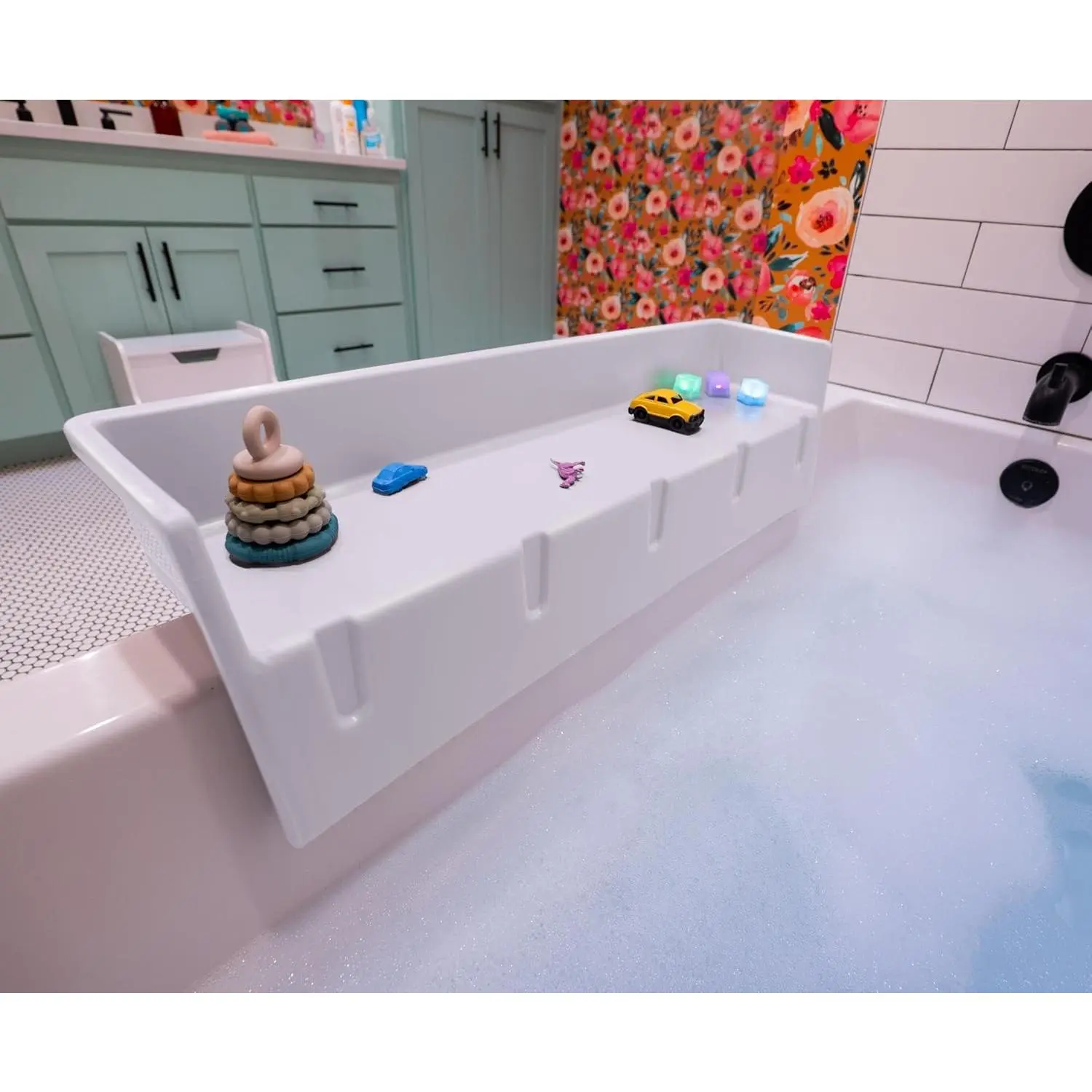 Tub Topper Kids Bathtub Splash Guard, Shelf & Toddler Bath Toy Tray - White | Toddler Bath Tray & Ledge Organizer, Strong Suction Cups, Patented Lip Design, Kids Bathroom Accessory Storage, Made in USA