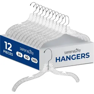 12 Pack Transparent Plastic Hangers, Crystal Clear, Non-Slip with Notched Shoulders, Ultra-Thin Space Saving, Closet & Retail Use, with Swivel Hook for Clothes, Shirts, Dresses, Jackets