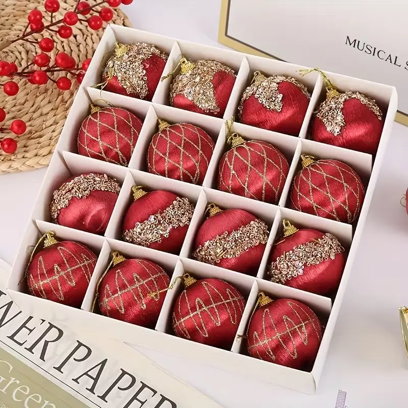 16 Pcs 6cm Shatterproof Christmas Tree Ornaments - Glitter Hanging Baubles in Red, Pink, Gold & White for Holiday Decor