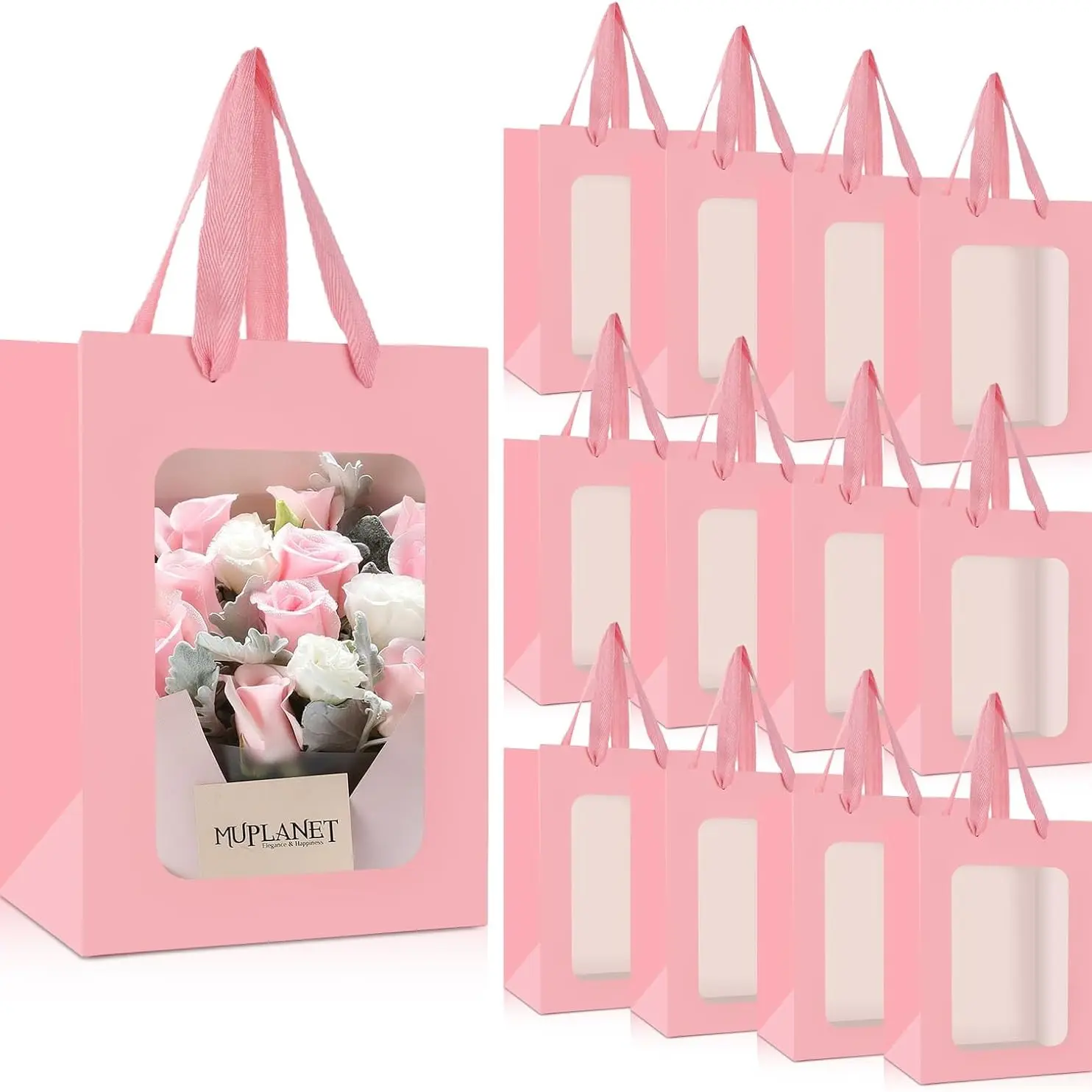 12-Piece Gift Bags with Handles, Transparent Window Floral Bouquet Storage, Bouquet Packaging, Flower Gift Bags, Birthday Gifts, Bff Presents, Valentine's Day Decor