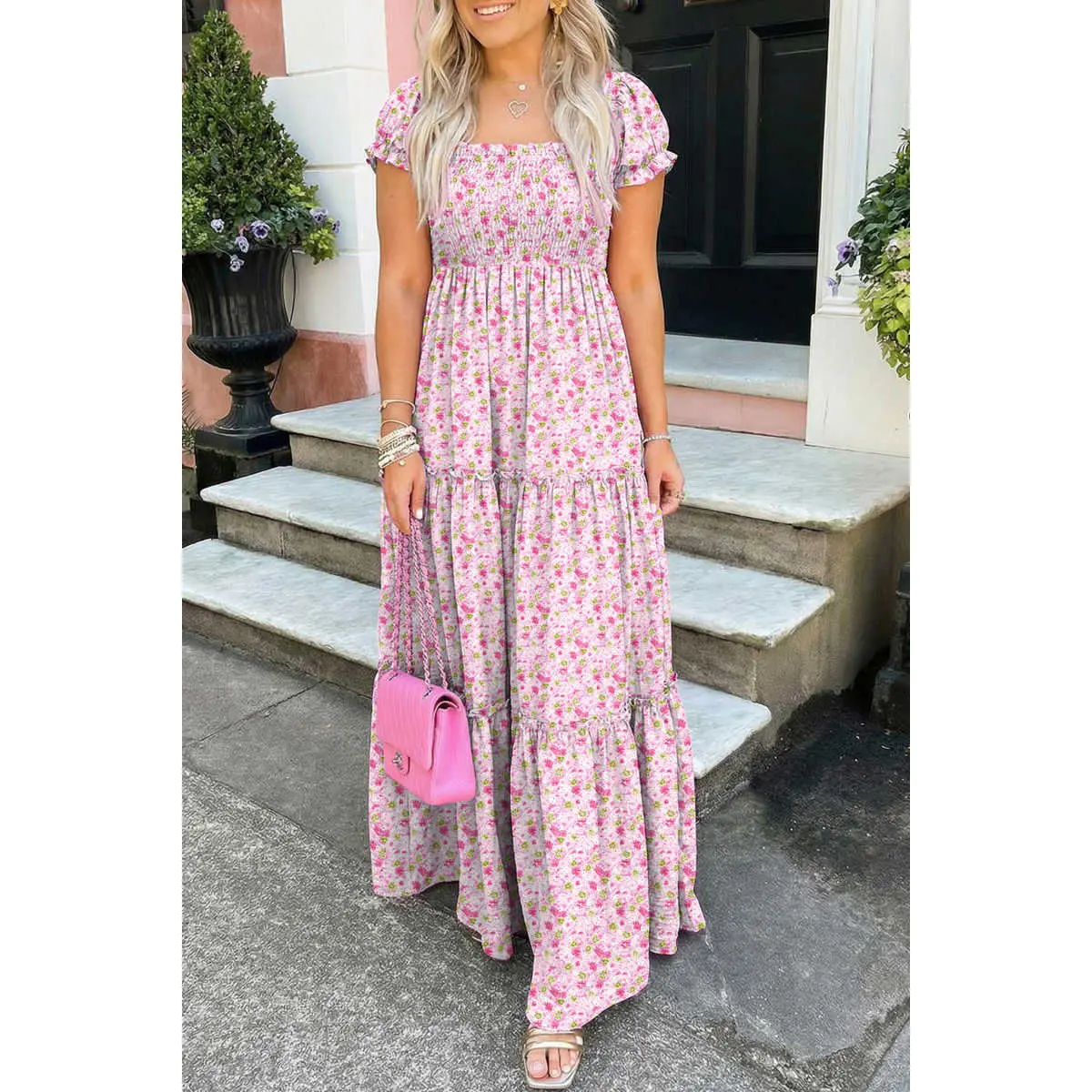 Pink Floral Short Bubble Sleeve Shirred High Waist Maxi Dress