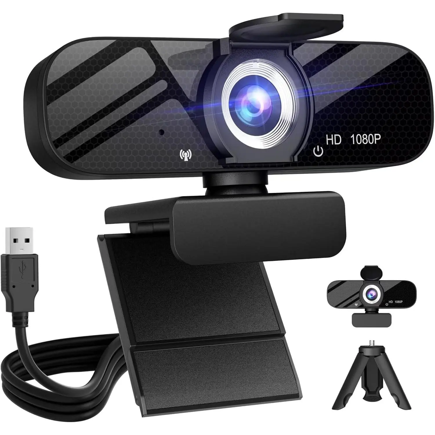 Webcam with -in Microphone and Rotatable Tripod, 1080P Video and Wide Angle Camera,  Cover, for Desktop PC or Laptop