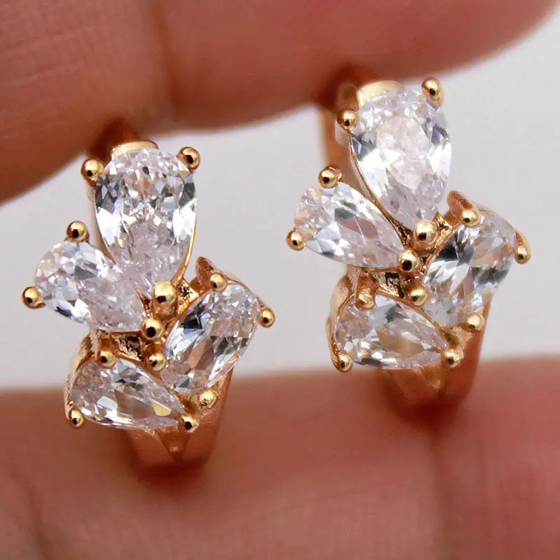 18K Gold Plated - Clear Zircon Flower Waterdrop Gemstone Cocktail Topaz Party Hoop Stud Gold Plated Earrings