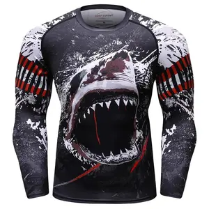 Men's Sports Fitness Shark Print Long Sleeve Compression Top Elastic Breathable Workout Clothing Casual Daily Wear