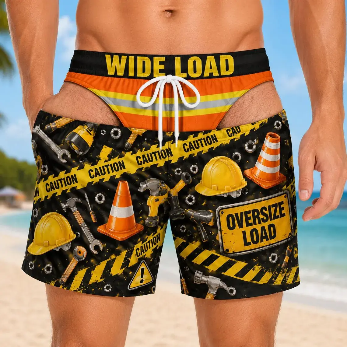 Labor Day workwear beach shorts, men's fun worker swim trunks, construction worker T-shirts, construction site party, summer beach outfit fun clothing