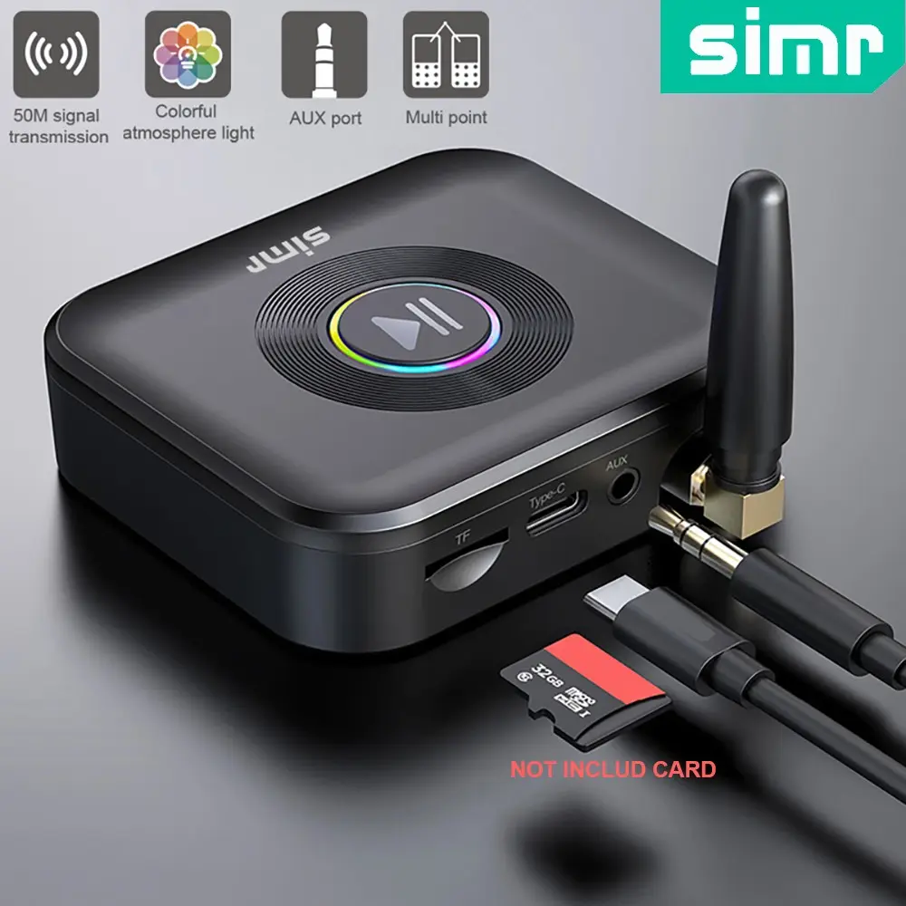 Updated 50m Bluetooth-compatible Audio Receiver, Stereo Bluetooth-compatible Adapter, Colorful Atmosphere Light, 3.5mm Aux Jack, Multi Point, Handsfree Call, TF Card Support, PC Headphone Speaker simr Q3