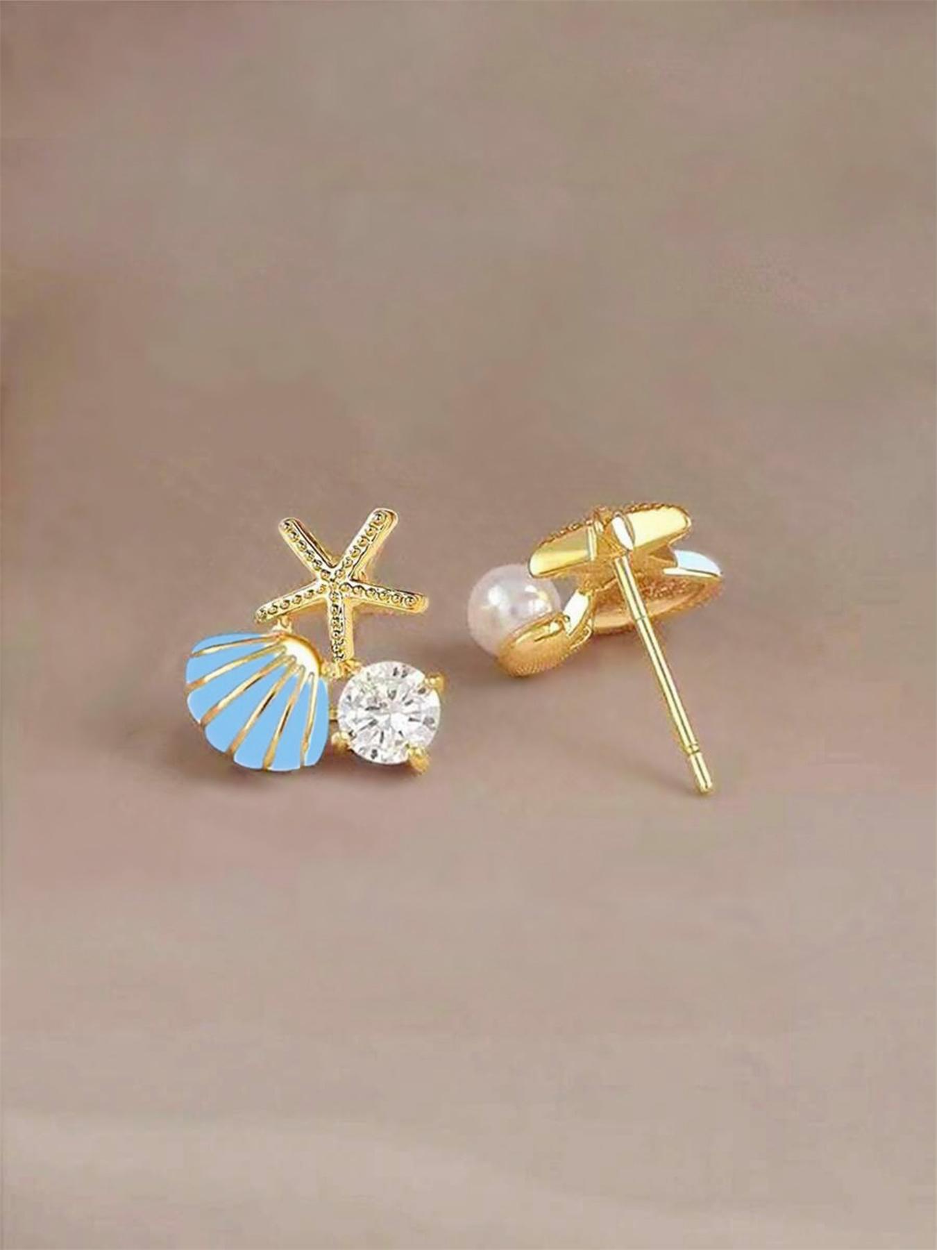 Faux Pearl Decor Shell & Starfish Design Stud Earrings, Elegant Stud Earrings for Women & Girls, Trendy All-match & Exquisite Jewelry for Birthday Gift, Ear Studs