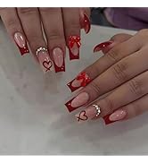 Red Press on Nails Short - Square Fake Nails with Leopard Print Design - French Tip False Nails Press ons - for Women Christmas Manicure 24Pcs