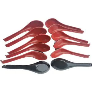 Plastic Large Soup Spoons with Long Handle, Red and Black Wonton Rice Spoons for Noodles Chinese Won Ton (12 Pack)