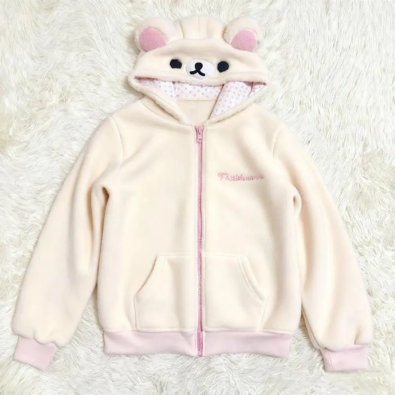 Women's Cutecore Bear Ear Zippered Hood Longsleeves Top - Japanese Style Polyester Jacket, Cute Look, Casual Daily Wear, Asian Fashion, Sizes S-M-L, Tops