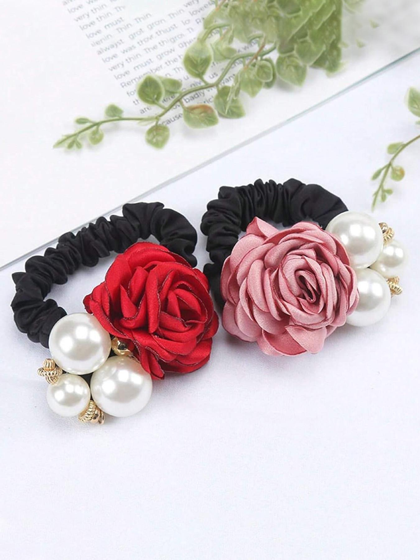 Mother's Day Gift Faux Pearl Decorated Flower Design Hair Tie, Gifts for Her, Elegant Fashionable Wedding Floral Hair Accessories for Women & Girls, Minimalist Rose Bow Headwear Suitable for Thick Hair, Bowknot, Hair Bows