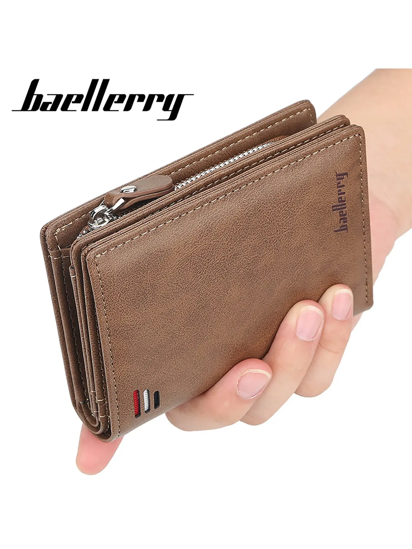 Baellerry Men's Short Wallet with Multiple Card Slots, Three-Fold Zipper Coin Pouch, Solid Color Fashion Credit Card Holder
