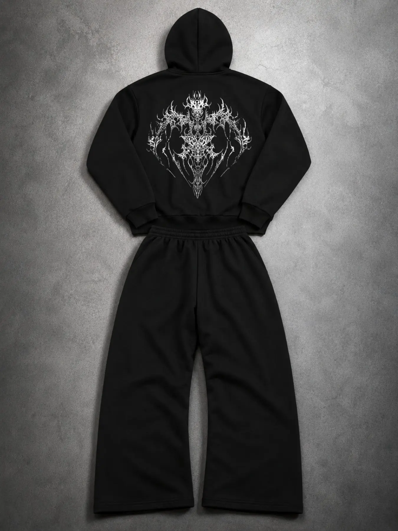 Y2K Alt Men Streetwear Matching 2 Piece Outfit Black Hooded Sweatshirt Oversized Wide Leg Joggers Gothic Thorn Demon Skull & Death Metal Letter Graphic Print Light Smooth Athletic Sweatsuit Comfort Loose Fit Elastic Waist Side Pocket Sweatpants Casual Gym