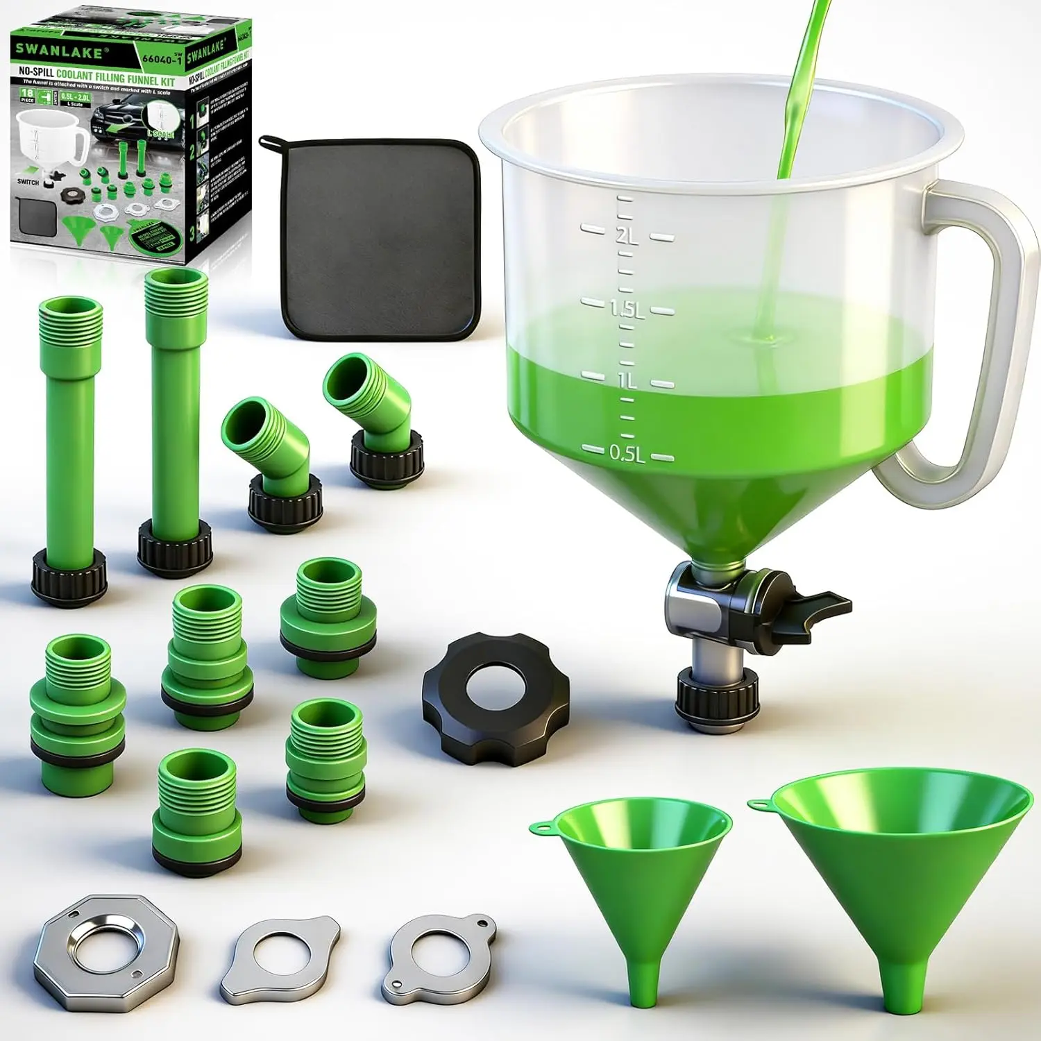 18-Piece No-Spill Coolant Funnel Kit, Radiator Funnel Burping Tool, Coolant Bleeder Kit with Adapters, Universal Fitment for Automotive Cooling System