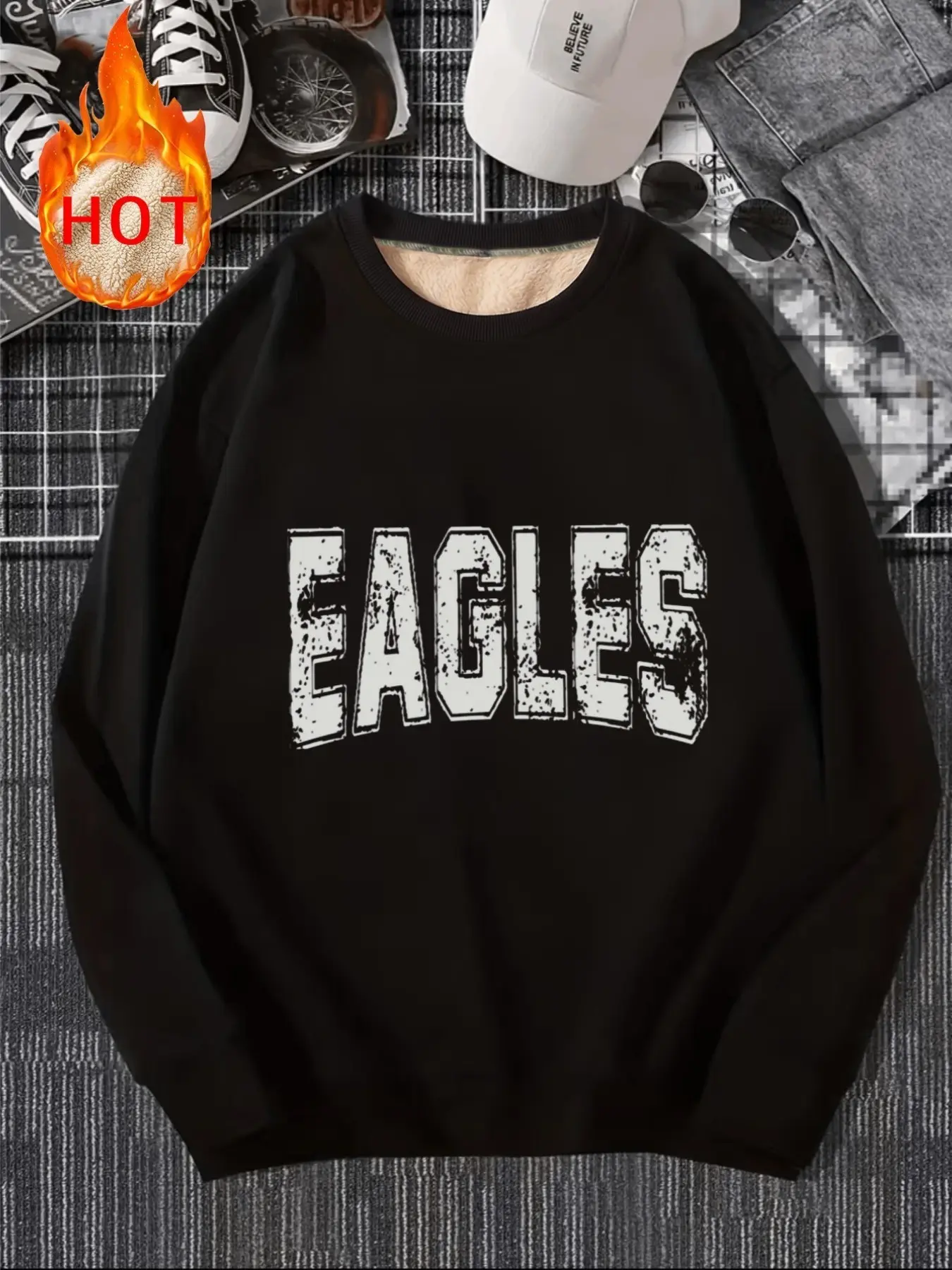 Eagles Vintage Letter Print Crew Neck Sweatshirt, American Sports Style, Thickened Fleece, Men's Casual Daily Wear, Warm and Cozy