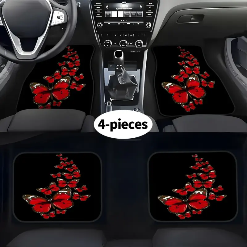 4-piece set of red butterfly pattern trendy and fashionable car floor mats, Automotive Floor Mats, suitable for all seasons, stylish and durable, easy to clean, suitable as a car accessory gift for all car models