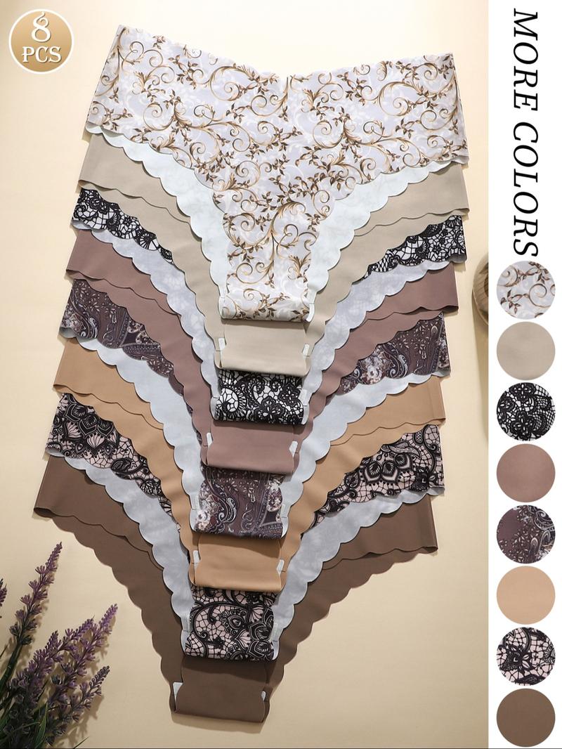 Women's Solid / Leopard Print Scallop Trim Brief, Soft Comfy Breathable Seamless Panty for Daily Wear, Women's Underwear for All Seasons, Solid Print Knicker