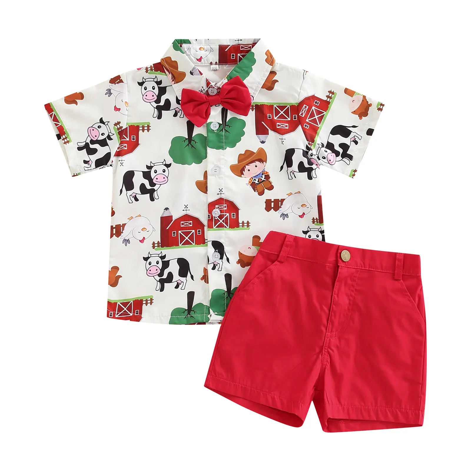 Toddler Boy Country Farm Gentleman Outfit Western Baby Cow Print Short Sleeve Button Down Bow Tie Shirt Tops and Shorts Cowboy Clothes