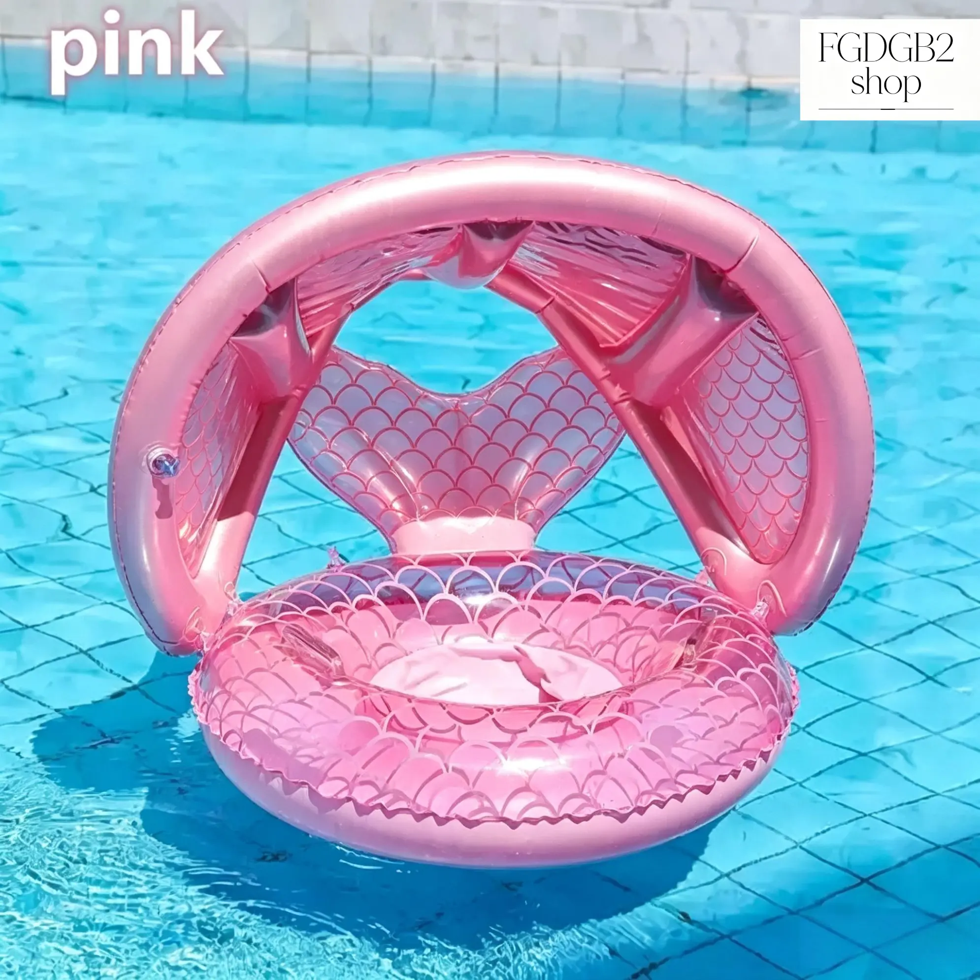 Kids Mermaid Tail Pool Float, Inflatable Swim Ring with Sun Canopy, Durable PVC Water Float Toy, Easy to Inflate, UV Protection, Pool Beach Summer Water Play